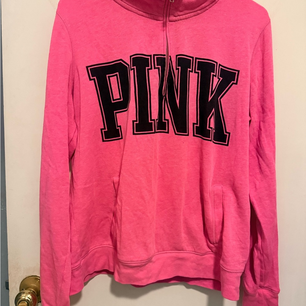 PINK Victoria's Secret Bright Pink Half-Zip Hoodie with Black Logo